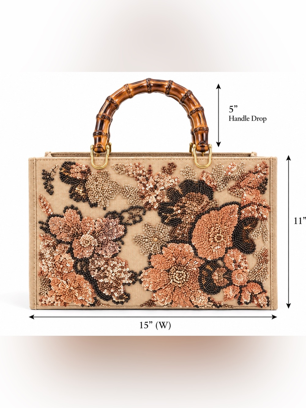 Embellished Floral Sequin Top-Handle Bag in Tan